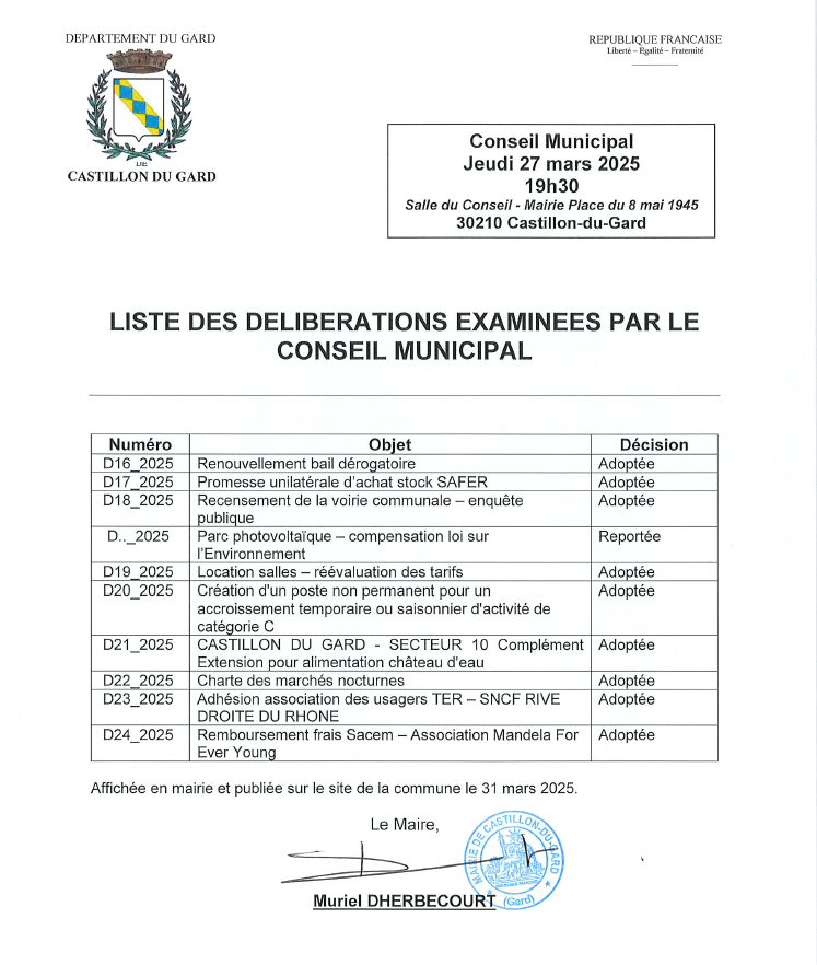 Liste des dlibrations conseil municipal jeudi 27 mars 25