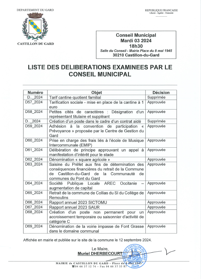 Liste des dlibrations examines par le Conseil Municipal du mardi 3 septembre 2024pdf p1