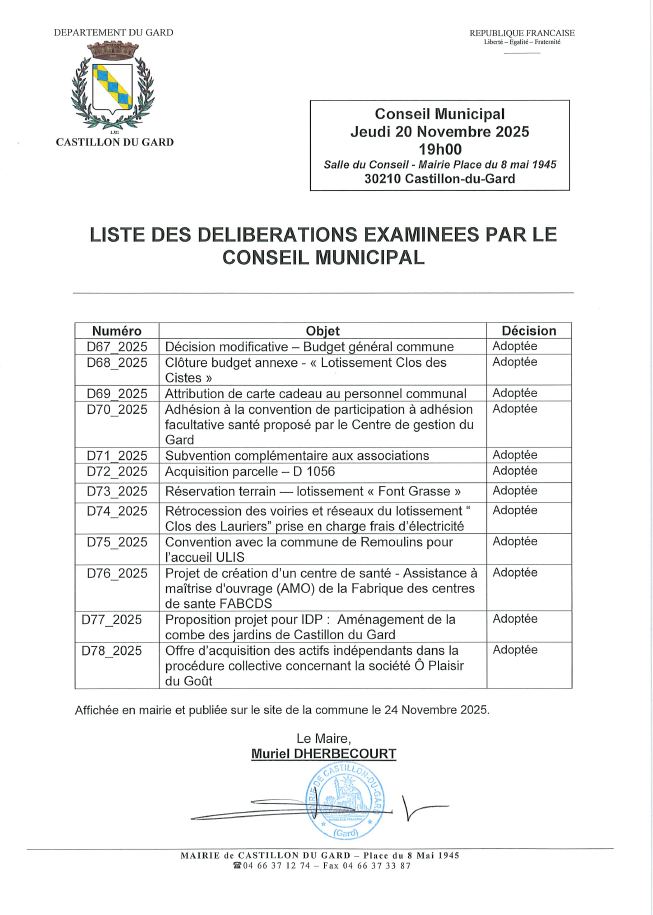 Liste des dlibrations du 20112025