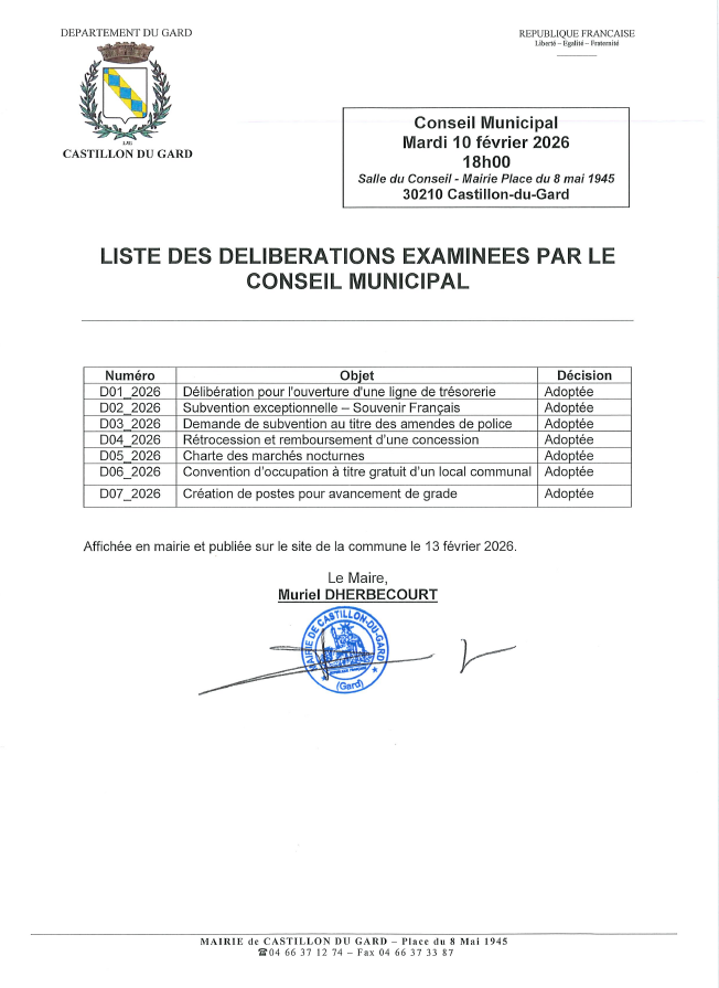 LISTE DES DELIB 10022026