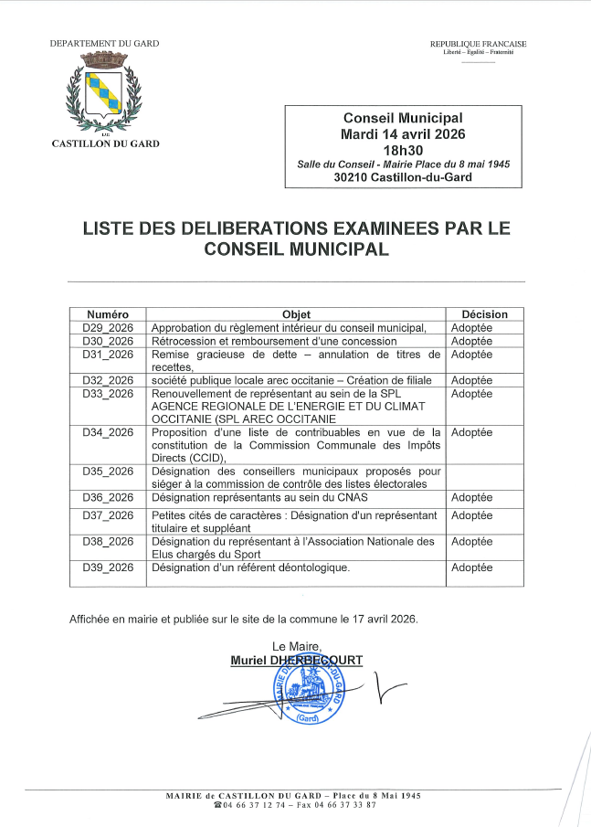 LISTE DES DELIB 14042026