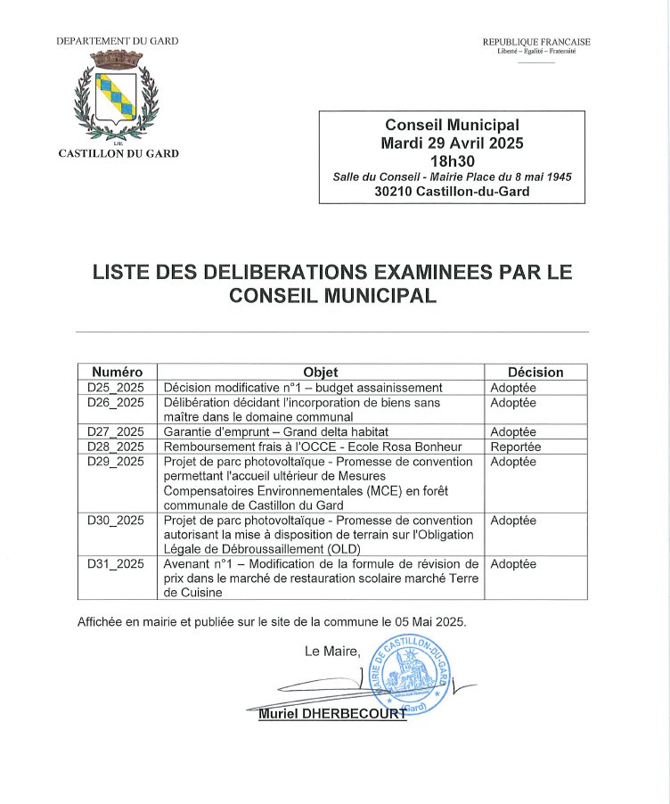 LISTE des dlibs conseil municipal du 29042025